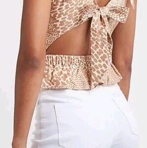 Express Cheetah Print Peplum Top with Ruffle Sleeves & Back Bow-size Sm